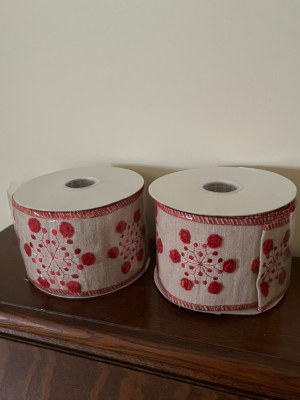 2 Rolls Regency International Embroidered Red Snowflake 4" Wired Burlap Ribbon